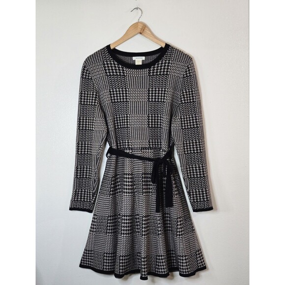 Max Studio Long Sleeve Fit & Flare Belted Sweater Dress Size Large Houndstooth - Picture 1 of 8